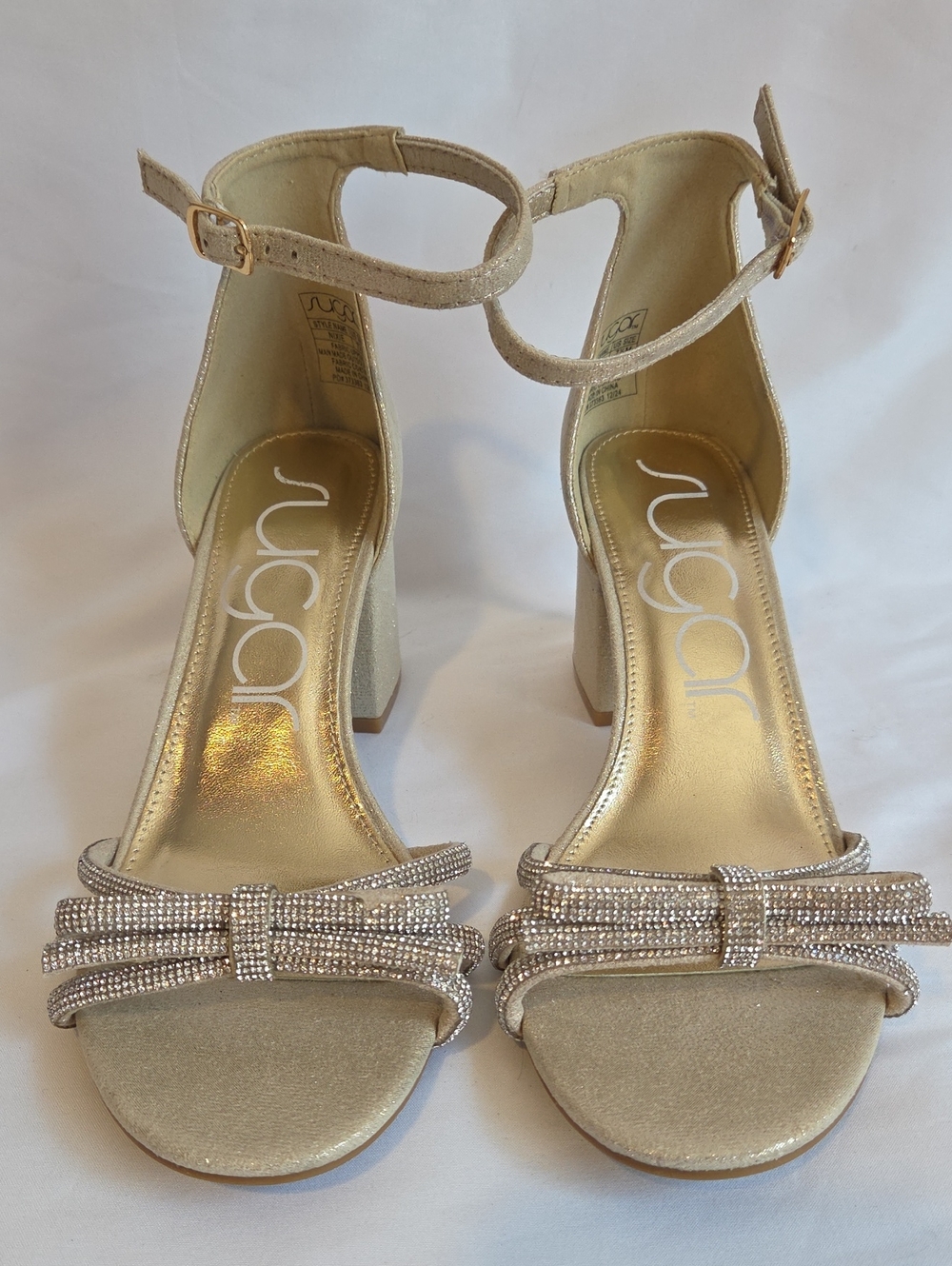 Sugar Gold Block Heel Ankle-Strap Sandals with Rhinestone Bow